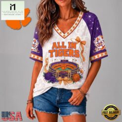 Clemson Tigers NCAA Floral Stadium Bow V Neck 3D T Shirt, NCAA College V Neck Tee Clemson Tigers Ncaa Floral Stadium Bow V Neck 3D T Shirt
