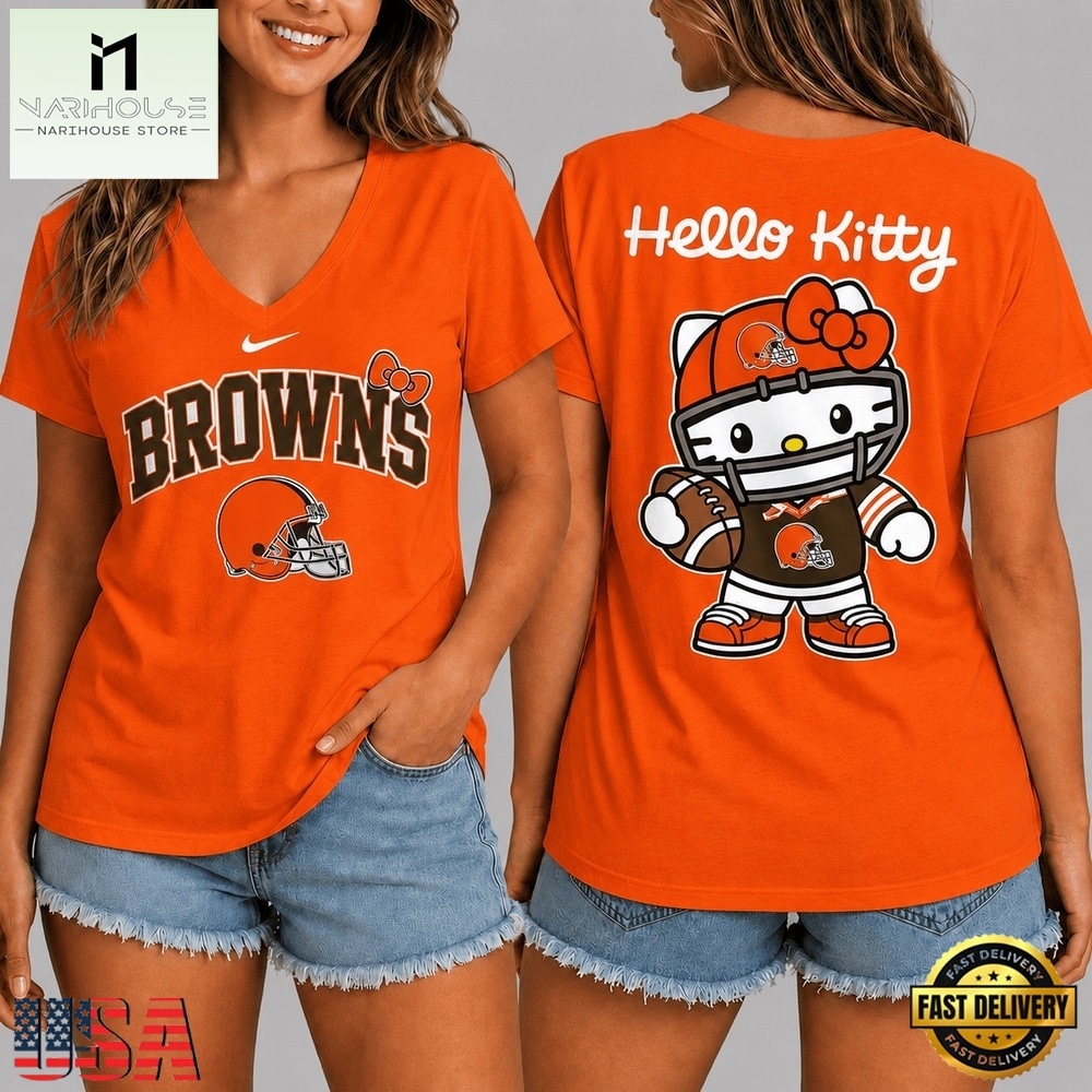 Cleveland Browns NFL Hello Kitty Football V Neck T Shirt, Trendy NFL V Neck Tee Cleveland Browns NFL Hello Kitty Football V Neck T Shirt, Trendy NFL V Neck Tee