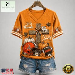 Cleveland Browns NFL Thanksgiving Faith And Football V Neck T Shirt, Trendy NFL V Neck Tee Cleveland Browns Nfl Thanksgiving Faith And Football V Neck T Shirt