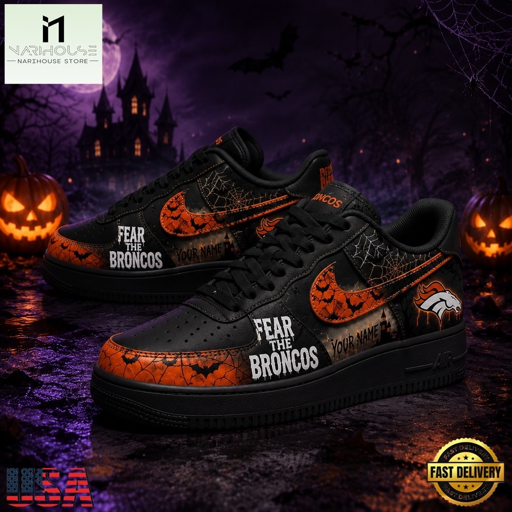 Denver Broncos NFL Fear The Team Halloween Air Force 1 Shoes Sneakers, NFL Team AF1 Shoes Denver Broncos NFL Fear The Team Halloween Air Force 1 Shoes Sneakers, NFL Team AF1 Shoes