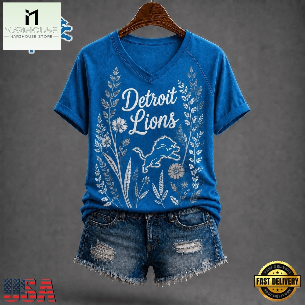 Detroit Lions NFL Floral Garden V Neck T Shirt, Trendy NFL V Neck Tee Detroit Lions NFL Floral Garden V Neck T Shirt, Trendy NFL V Neck Tee