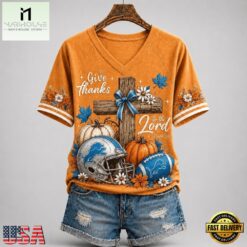 Detroit Lions NFL Thanksgiving Faith And Football V Neck T Shirt, Trendy NFL V Neck Tee Detroit Lions Nfl Thanksgiving Faith And Football V Neck T Shirt
