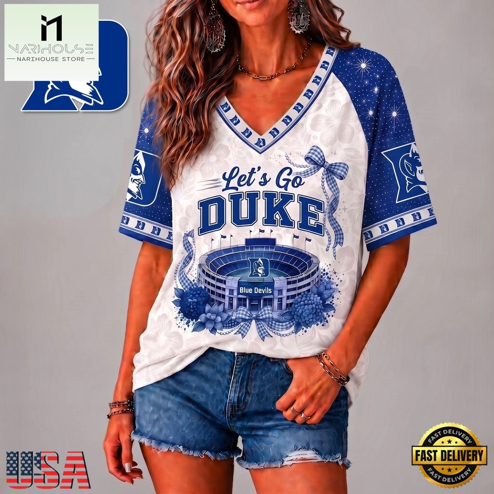 Duke Blue Devils NCAA Floral Stadium Bow V Neck 3D T Shirt, NCAA College V Neck Tee Duke Blue Devils NCAA Floral Stadium Bow V Neck 3D T Shirt, NCAA College V Neck Tee