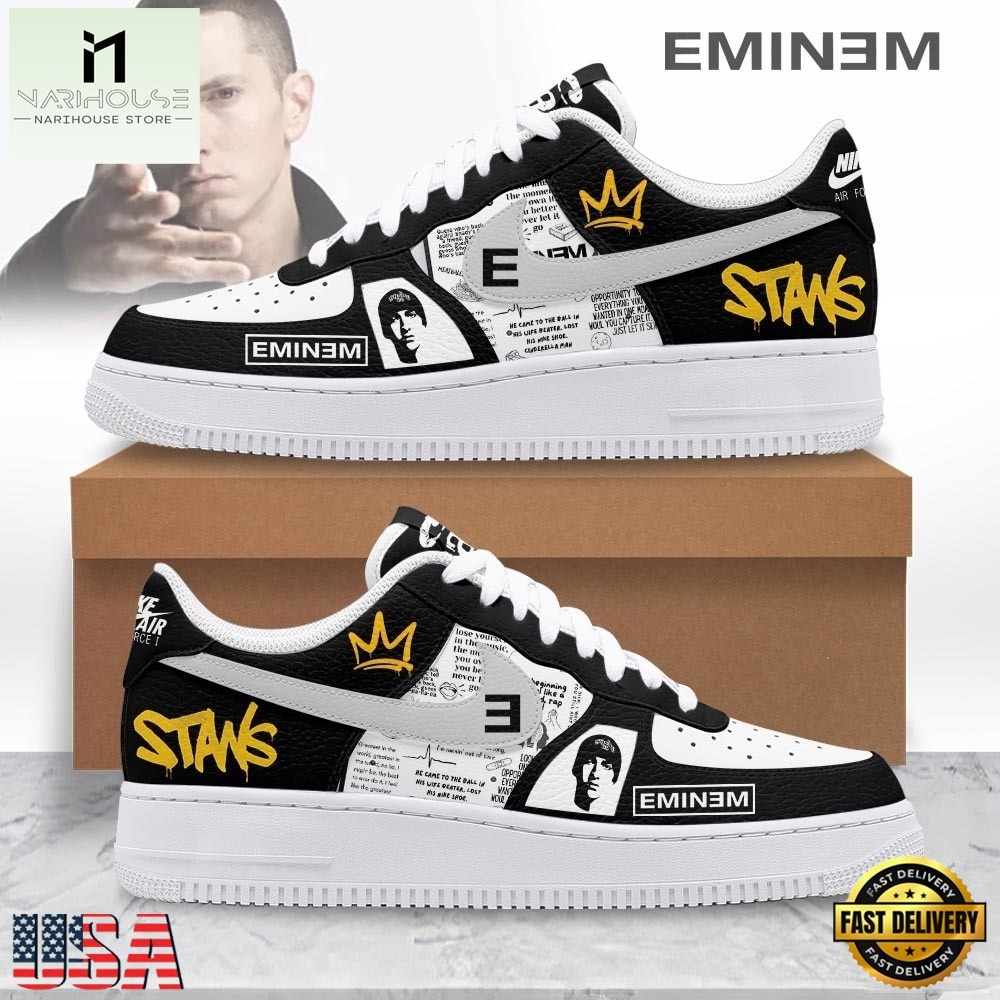 Eminem Stans Crown Logo Black & White Hip Hop Graphic Custom Air Force 1 Shoes, Music Artist AF1 Shoes Eminem Stans Crown Logo Black & White Hip Hop Graphic Custom Air Force 1 Shoes, Music Artist AF1 Shoes