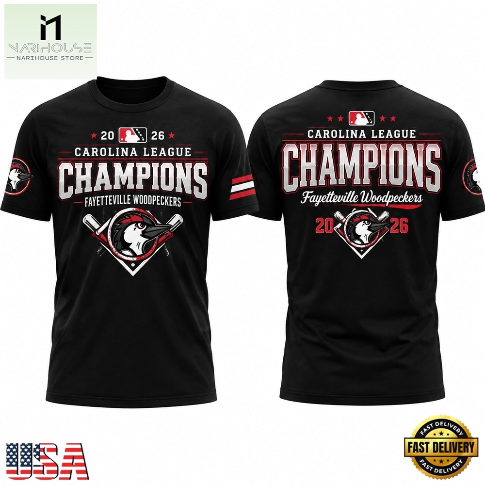 Fayetteville Woodpeckers 2026 Carolina League Champions Black Shirt, Hot 3D Shirt Trend Fayetteville Woodpeckers 2026 Carolina League Champions Black Shirt, Hot 3D Shirt Trend
