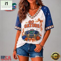 Florida Gators NCAA Floral Stadium Bow V Neck 3D T Shirt, NCAA College V Neck Tee Florida Gators Ncaa Floral Stadium Bow V Neck 3D T Shirt