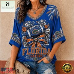 Florida Gators NCAA Vintage Floral Bow V Neck T Shirt, NCAA College V Neck Tee Florida Gators Ncaa Vintage Floral Bow V Neck T Shirt