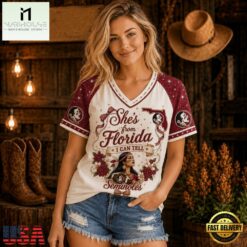 Florida State Seminoles NCAA Bow and Floral Team Spirit V Neck T Shirt, NCAA College V Neck Tee Florida State Seminoles Ncaa Bow And Floral Team Spirit V Neck T Shirt