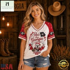Georgia Bulldogs NCAA Bow and Floral Team Spirit V Neck T Shirt, NCAA College V Neck Tee Georgia Bulldogs Ncaa Bow And Floral Team Spirit V Neck T Shirt