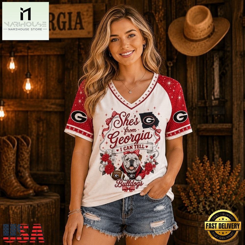 Georgia Bulldogs NCAA Bow and Floral Team Spirit V Neck T Shirt, NCAA College V Neck Tee Georgia Bulldogs NCAA Bow and Floral Team Spirit V Neck T Shirt, NCAA College V Neck Tee