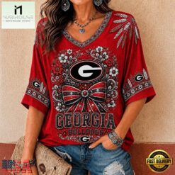 Georgia Bulldogs NCAA Vintage Floral Bow V Neck T Shirt, NCAA College V Neck Tee Georgia Bulldogs Ncaa Vintage Floral Bow V Neck T Shirt