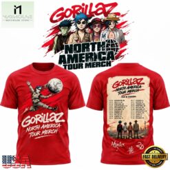 Gorillaz The North American Mountain Tour 2026 Limited Edition Red T Shirt, Popular 3D Music Tee Gorillaz The North American Mountain Tour 2026 Limited Edition Red T Shirt