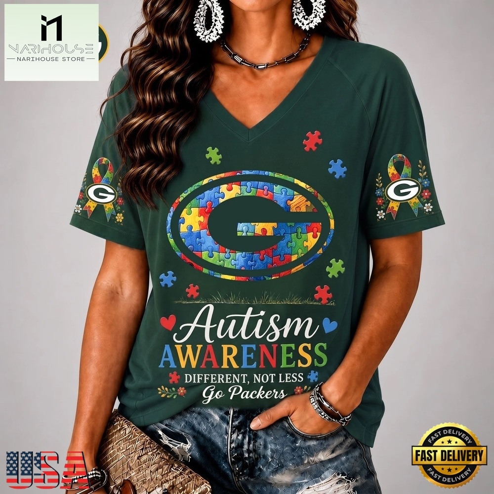 Green Bay Packers NFL Different, Not Less Autism Awareness V neck T Shirt, Trendy NFL V Neck Tee Green Bay Packers NFL Different, Not Less Autism Awareness V neck T Shirt, Trendy NFL V Neck Tee