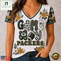 Green Bay Packers NFL Football Flowers Team Pride V Neck T Shirt, Trendy NFL V Neck Tee Green Bay Packers Nfl Football Flowers Team Pride V Neck T Shirt