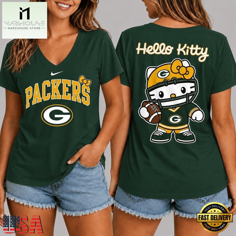 Green Bay Packers NFL Hello Kitty Football V Neck T Shirt, Trendy NFL V Neck Tee Green Bay Packers NFL Hello Kitty Football V Neck T Shirt, Trendy NFL V Neck Tee