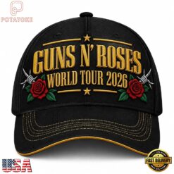 Guns N Roses World Tour 2026 Gold Text Rose Graphics Classic Cap