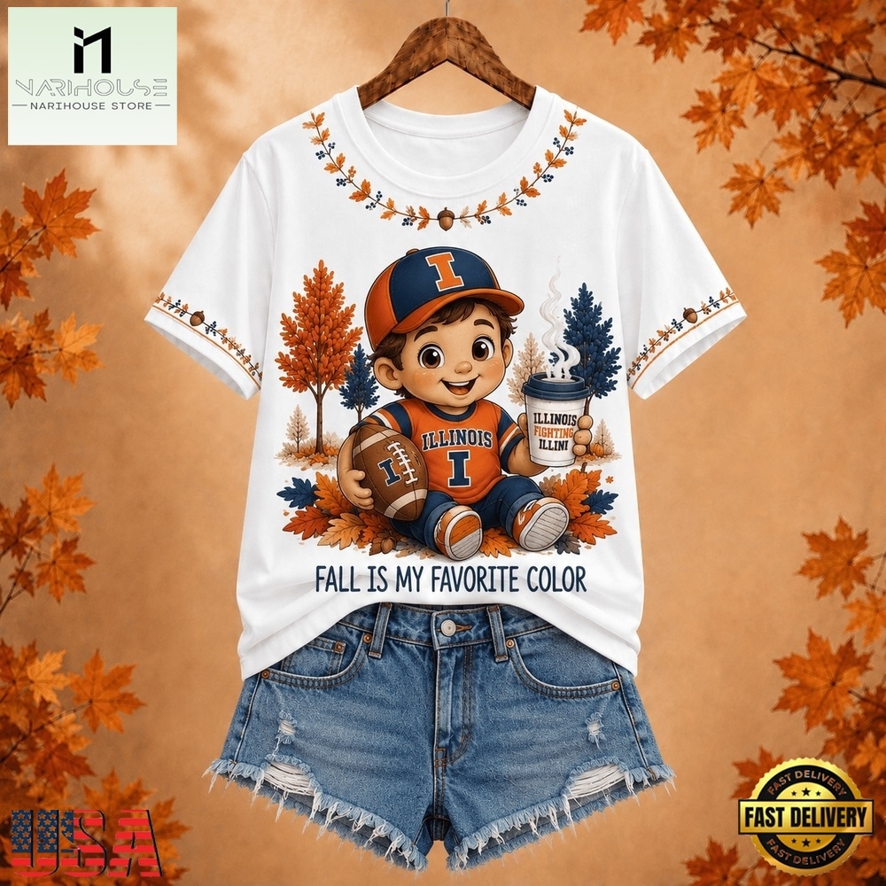 Illinois Fighting Illini NCAA Fall Is My Favorite Color Football Unisex 3D Shirt, NCAA College 3D Shirt Illinois Fighting Illini Ncaa Fall IS MY Favorite Color Football Unisex 3D Shirt