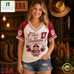 Indiana Hoosiers NCAA Bow and Floral Team Spirit V Neck T Shirt, NCAA College V Neck Tee Indiana Hoosiers Ncaa Bow And Floral Team Spirit V Neck T Shirt