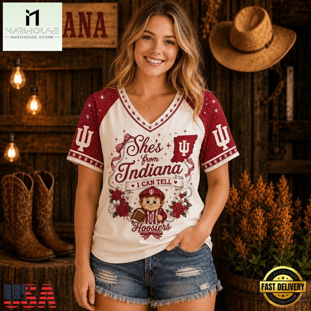 Indiana Hoosiers NCAA Bow and Floral Team Spirit V Neck T Shirt, NCAA College V Neck Tee Indiana Hoosiers NCAA Bow and Floral Team Spirit V Neck T Shirt, NCAA College V Neck Tee