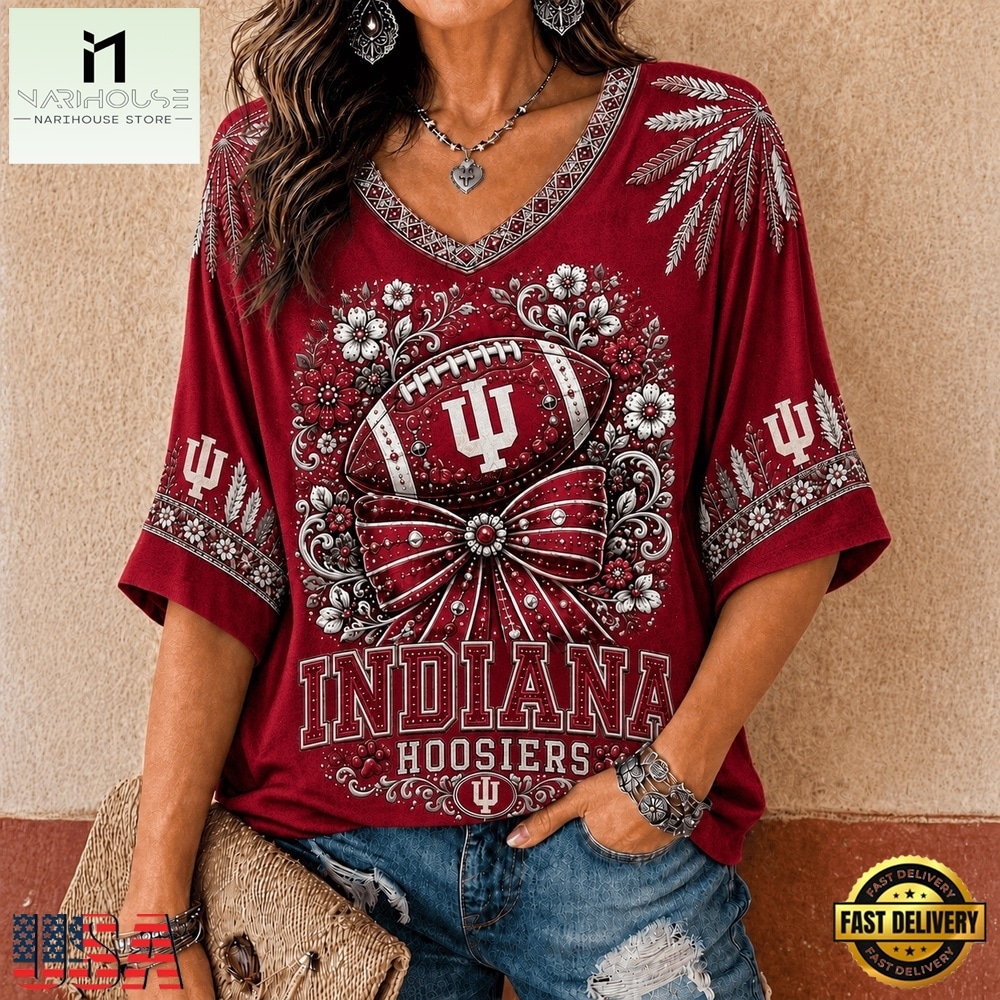 Indiana Hoosiers NCAA Vintage Floral Bow V Neck T Shirt, NCAA College V Neck Tee Indiana Hoosiers NCAA Vintage Floral Bow V Neck T Shirt, NCAA College V Neck Tee