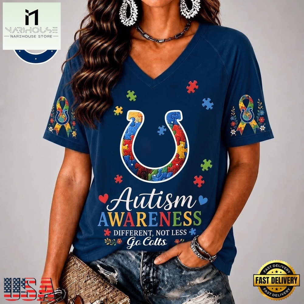 Indianapolis Colts NFL Different, Not Less Autism Awareness V neck T Shirt, Trendy NFL V Neck Tee Indianapolis Colts NFL Different, Not Less Autism Awareness V neck T Shirt, Trendy NFL V Neck Tee