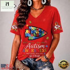Kansas City Chiefs NFL Different, Not Less Autism Awareness V neck T Shirt, Trendy NFL V Neck Tee Kansas City Chiefs Nfl Different Not Less Autism Awareness V Neck T Shirt