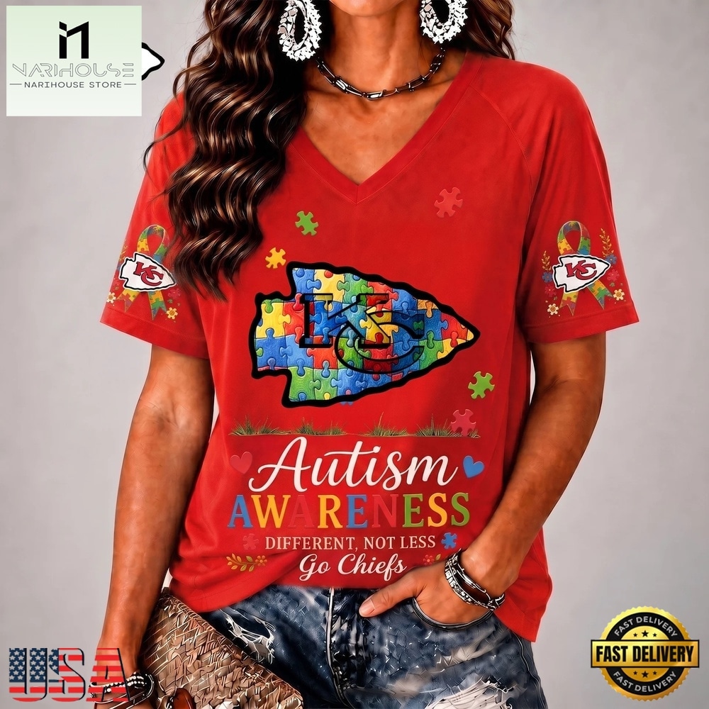 Kansas City Chiefs NFL Different, Not Less Autism Awareness V neck T Shirt, Trendy NFL V Neck Tee Kansas City Chiefs NFL Different, Not Less Autism Awareness V neck T Shirt, Trendy NFL V Neck Tee