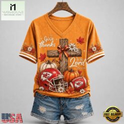 Kansas City Chiefs NFL Thanksgiving Faith And Football V Neck T Shirt, Trendy NFL V Neck Tee Kansas City Chiefs Nfl Thanksgiving Faith And Football V Neck T Shirt