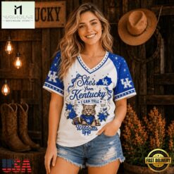 Kentucky Wildcats NCAA Bow and Floral Team Spirit V Neck T Shirt, NCAA College V Neck Tee Kentucky Wildcats Ncaa Bow And Floral Team Spirit V Neck T Shirt