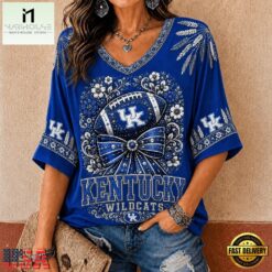 Kentucky Wildcats NCAA Vintage Floral Bow V Neck T Shirt, NCAA College V Neck Tee Kentucky Wildcats Ncaa Vintage Floral Bow V Neck T Shirt
