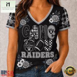 Las Vegas Raiders NFL Football Flowers Team Pride V Neck T Shirt, Trendy NFL V Neck Tee Las Vegas Raiders Nfl Football Flowers Team Pride V Neck T Shirt