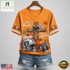 Las Vegas Raiders NFL Thanksgiving Faith And Football V Neck T Shirt, Trendy NFL V Neck Tee Las Vegas Raiders Nfl Thanksgiving Faith And Football V Neck T Shirt