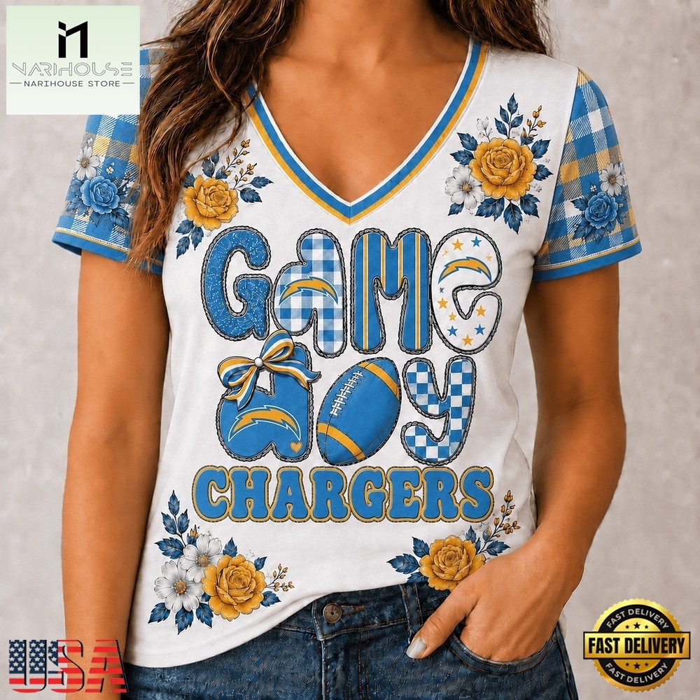 Los Angeles Chargers NFL Football Flowers Team Pride V Neck T Shirt, Trendy NFL V Neck Tee Los Angeles Chargers NFL Football Flowers Team Pride V Neck T Shirt, Trendy NFL V Neck Tee