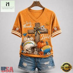Los Angeles Chargers NFL Thanksgiving Faith And Football V Neck T Shirt, Trendy NFL V Neck Tee Los Angeles Chargers Nfl Thanksgiving Faith And Football V Neck T Shirt