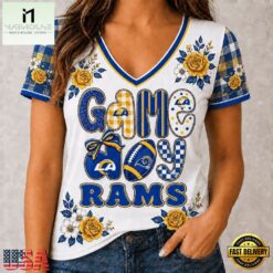 Los Angeles Rams NFL Football Flowers Team Pride V Neck T Shirt, Trendy NFL V Neck Tee Los Angeles Rams Nfl Football Flowers Team Pride V Neck T Shirt