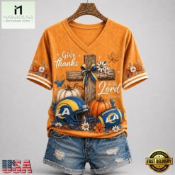 Los Angeles Rams NFL Thanksgiving Faith And Football V Neck T Shirt, Trendy NFL V Neck Tee Los Angeles Rams Nfl Thanksgiving Faith And Football V Neck T Shirt