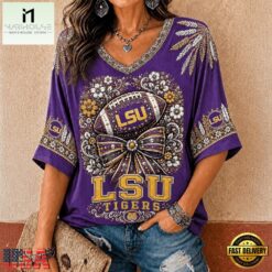 LSU Tigers NCAA Vintage Floral Bow V Neck T Shirt, NCAA College V Neck Tee Lsu Tigers Ncaa Vintage Floral Bow V Neck T Shirt