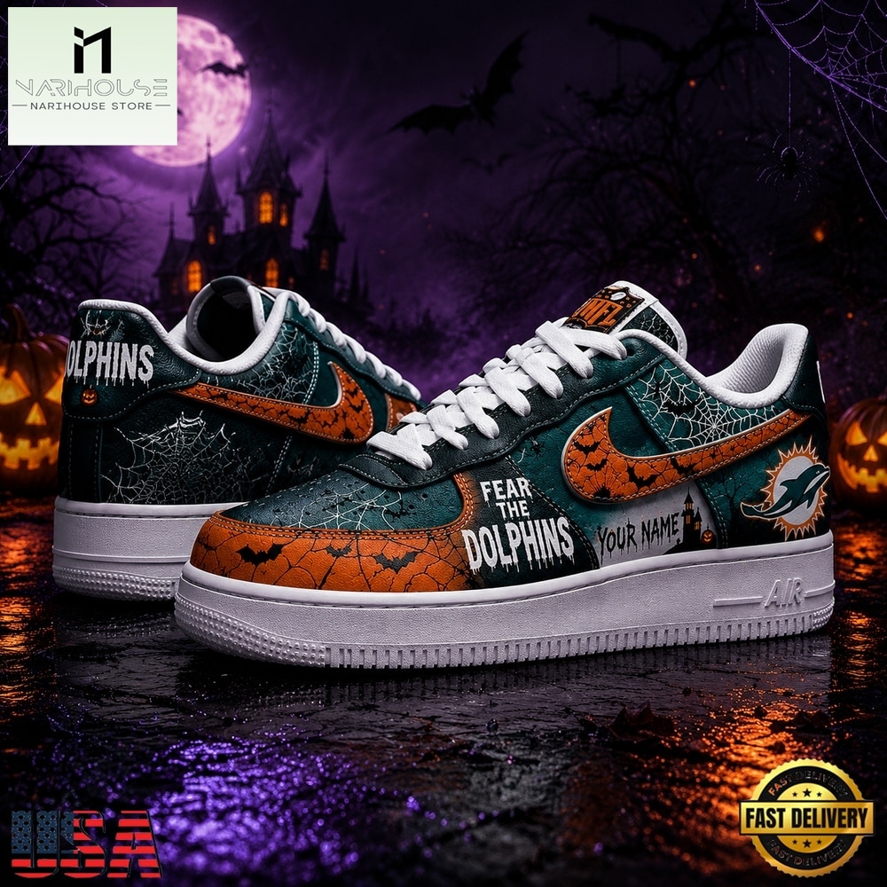 Miami Dolphins NFL Fear The Team Halloween Air Force 1 Shoes Sneakers, NFL Team AF1 Shoes Miami Dolphins NFL Fear The Team Halloween Air Force 1 Shoes Sneakers, NFL Team AF1 Shoes