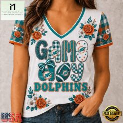 Miami Dolphins NFL Football Flowers Team Pride V Neck T Shirt, Trendy NFL V Neck Tee Miami Dolphins Nfl Football Flowers Team Pride V Neck T Shirt