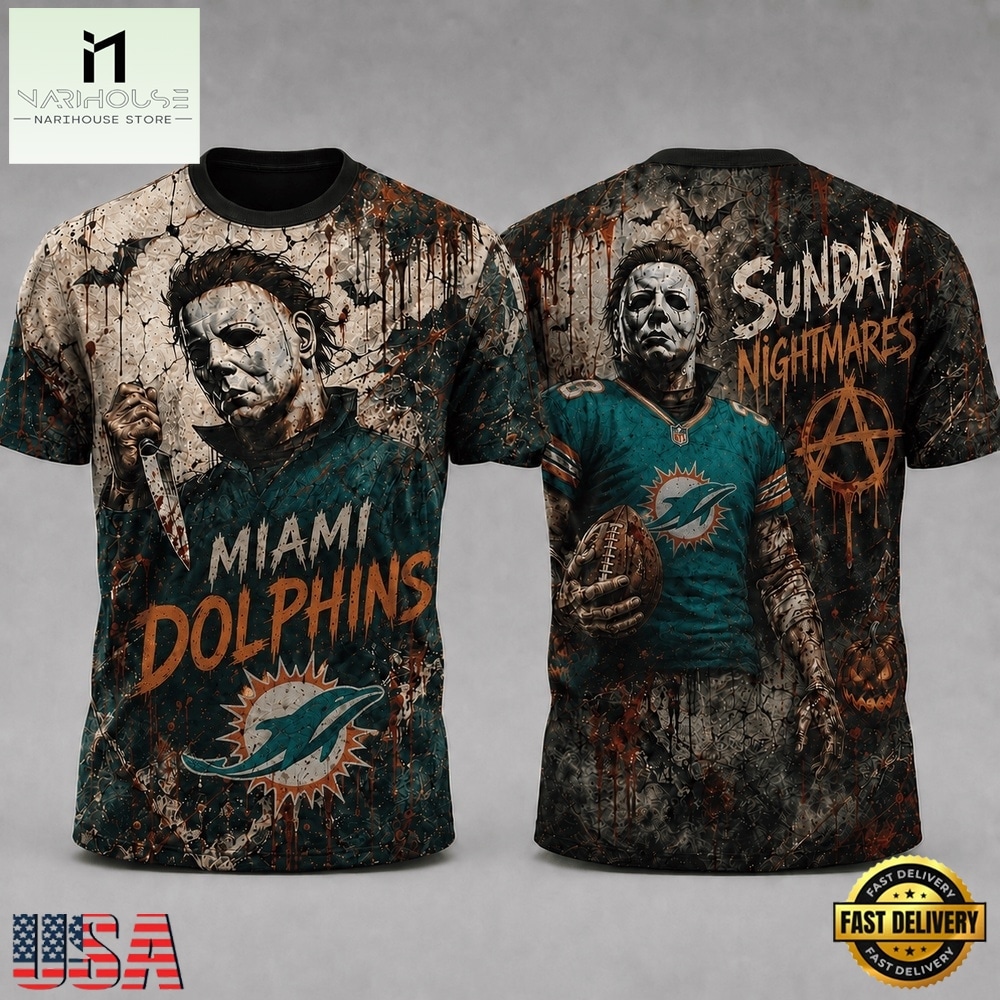 Miami Dolphins NFL Michael Myers Sunday Nightmares Horror Halloween 3D T Shirt, NFL Sporty Shirt Miami Dolphins NFL Michael Myers Sunday Nightmares Horror Halloween 3D T Shirt, NFL Sporty Shirt