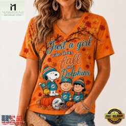 Miami Dolphins NFL Snoopy Peanuts Fall Season V Neck T Shirt, Trendy NFL V Neck Tee Miami Dolphins Nfl Snoopy Peanuts Fall Season V Neck T Shirt