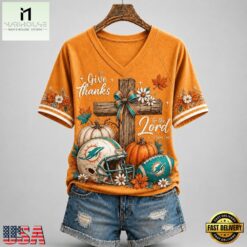 Miami Dolphins NFL Thanksgiving Faith And Football V Neck T Shirt, Trendy NFL V Neck Tee Miami Dolphins Nfl Thanksgiving Faith And Football V Neck T Shirt