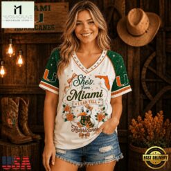 Miami Hurricanes NCAA Bow and Floral Team Spirit V Neck T Shirt, NCAA College V Neck Tee Miami Hurricanes Ncaa Bow And Floral Team Spirit V Neck T Shirt