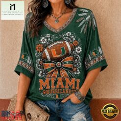 Miami Hurricanes NCAA Vintage Floral Bow V Neck T Shirt, NCAA College V Neck Tee Miami Hurricanes Ncaa Vintage Floral Bow V Neck T Shirt