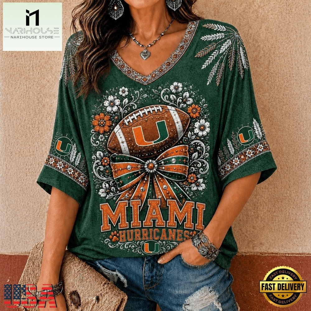 Miami Hurricanes NCAA Vintage Floral Bow V Neck T Shirt, NCAA College V Neck Tee Miami Hurricanes NCAA Vintage Floral Bow V Neck T Shirt, NCAA College V Neck Tee