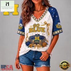 Michigan Wolverines NCAA Floral Stadium Bow V Neck 3D T Shirt, NCAA College V Neck Tee Michigan Wolverines Ncaa Floral Stadium Bow V Neck 3D T Shirt