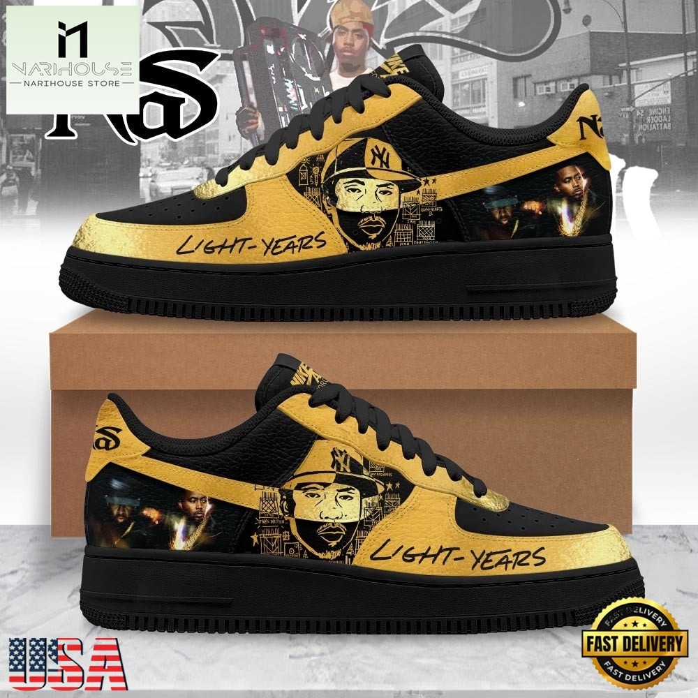 Nas Light Years Black & Gold Hip Hop Graphic Custom Air Force 1 Shoes, Music Artist AF1 Shoes Nas Light Years Black & Gold Hip Hop Graphic Custom Air Force 1 Shoes, Music Artist AF1 Shoes