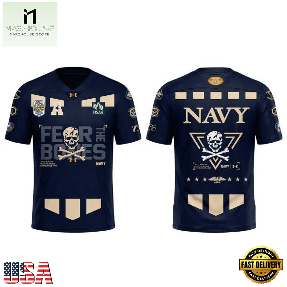 Navy Under Armour 100th Anniversary 2026 Fear The Bones Football Jersey, Hot 3D Shirt Trend Navy Under Armour 100th Anniversary 2026 Fear The Bones Football Jersey, Hot 3D Shirt Trend