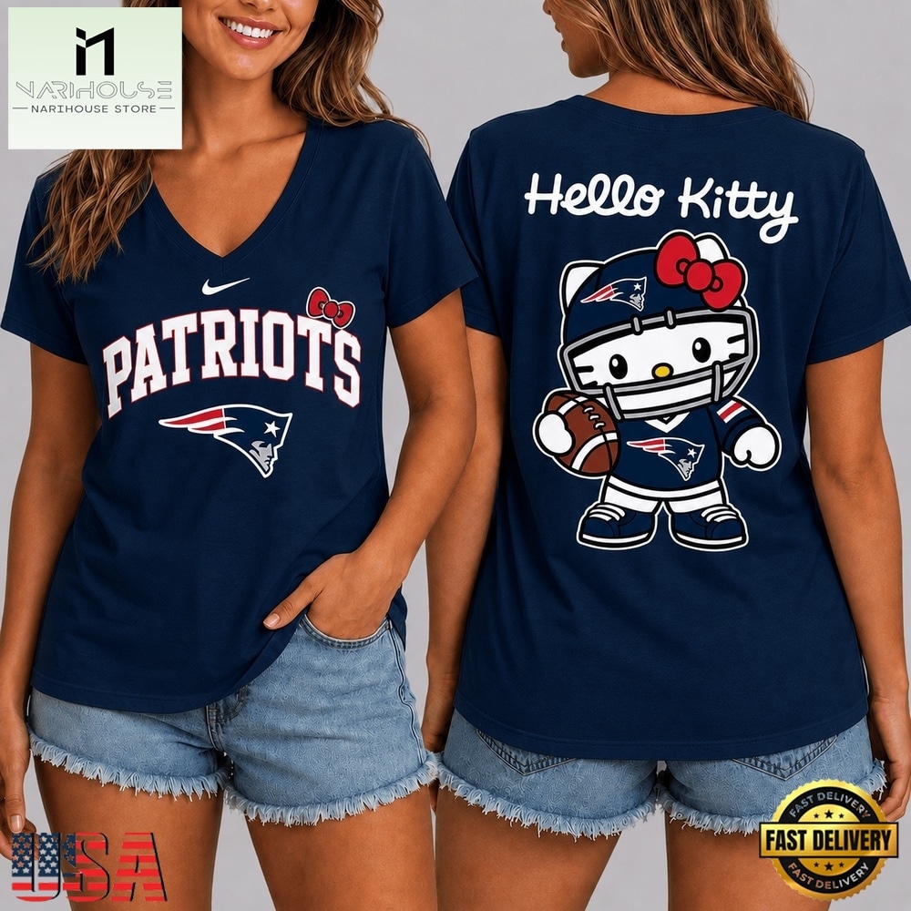 New England Patriots NFL Hello Kitty Football V Neck T Shirt, Trendy NFL V Neck Tee New England Patriots NFL Hello Kitty Football V Neck T Shirt, Trendy NFL V Neck Tee