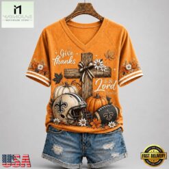 New Orleans Saints NFL Thanksgiving Faith And Football V Neck T Shirt, Trendy NFL V Neck Tee New Orleans Saints Nfl Thanksgiving Faith And Football V Neck T Shirt